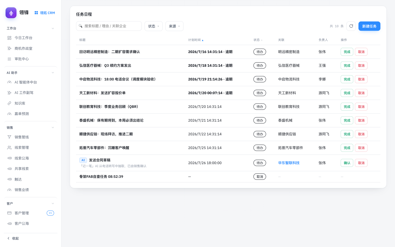 翎拓 CRM 待办任务